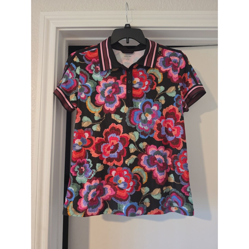 Johnny Was Bee Active Short Sleeve Polo Tee Calanthe Floral Sz L